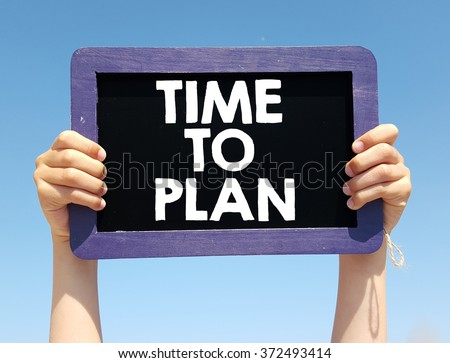 Hands holding blackboard with written  time  to plan, on blue sky background