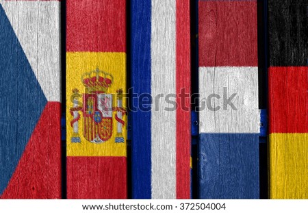 czech , spain , france , netherlands,germany flag on wood background