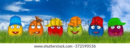 colorful easter eggs with funny faces isolated in front of blue sky
