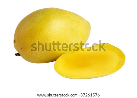 Cut into half fresh ripe sweet mango isolated on white background