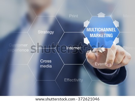 Presentation of multichannel marketing concept for effective promotion of products or services to customers, businessman in background Royalty-Free Stock Photo #372621046