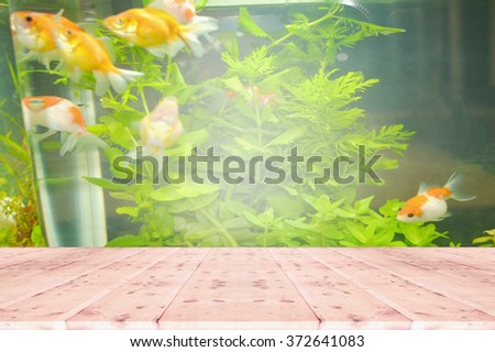 Wood table top on  abstract   background fish in water - can be used for display or montage your product