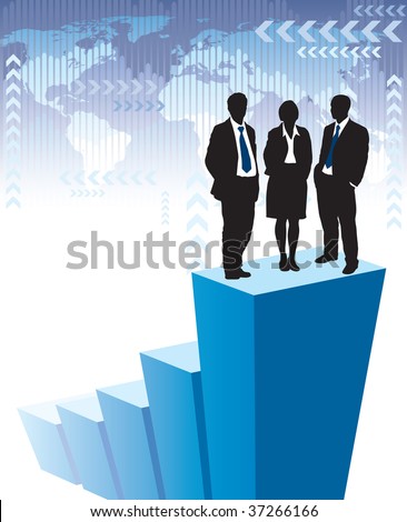 Successful business team is standing on a large graph, world map in the background. The base map is from Central Intelligence Agency Web site.