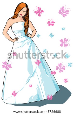 Beautiful vector bride with long brown hair in sleeveless dress and butterflies, dress colour can be changed for evening dress