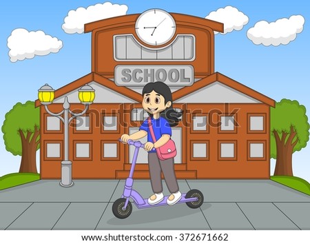 Children playing kick scooter in front of his school cartoon vector illustration
