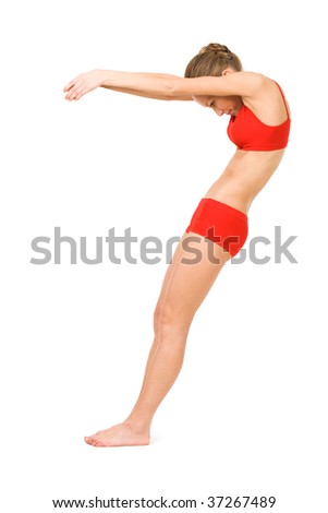 Image of young girl practicing physical exercise forming number seven