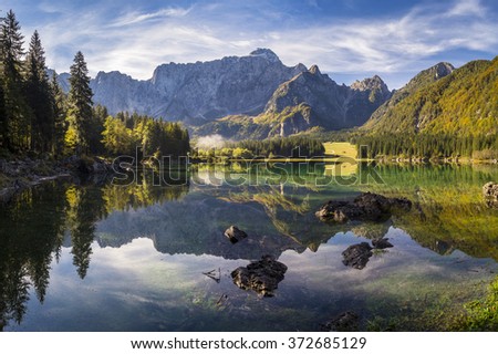 High-resolution panorama of the lake in the Julian Alps, Italy
