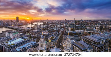 Panoramic skyline and Beautiful sunset over central London with famous landmarks, shot from top of St.Paul's Cathedral - England, UK