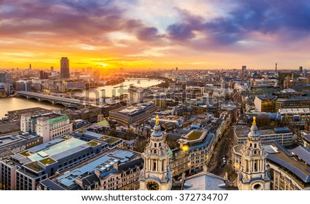 Beautiful sunset over central London with famous landmarks, shot from top of St.Paul's Cathedral - England, UK