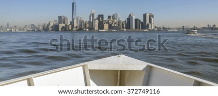 View of Skyline of New York City lower Manhattan from boat