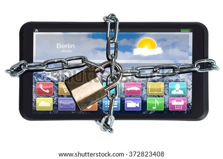 Closeup of digital tablet trapped with padlock and chain against white background