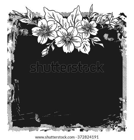 Hand drawn flower background with place for text. Hand printed floral grunge background. Vintage card
