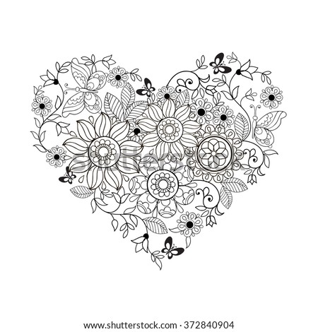 Heart of flowers and butterflies for coloring books for adults and older children.