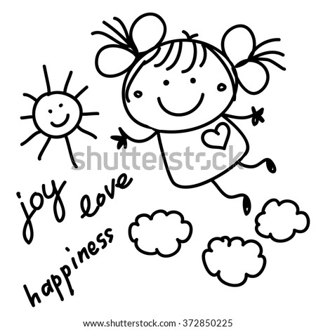 Graphic black and white drawing of a happy little girl. Cute joyful draw for your text. 