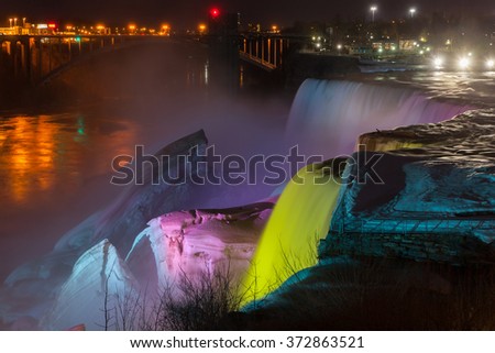 Scenic night view Niagara Falls with ice in New York state, usa
