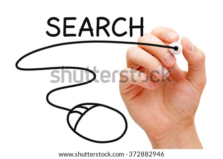 Hand drawing computer mouse under the word search with black marker on transparent wipe board. 