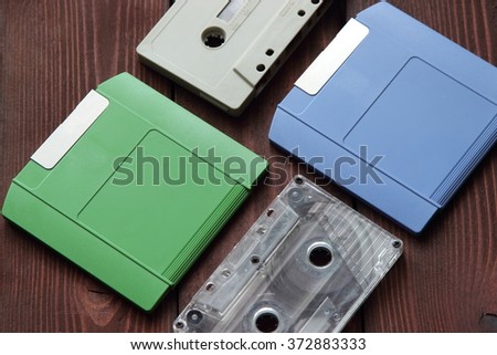 Old computer disk and audio tape