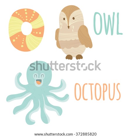 Funny animal card with letter O for children