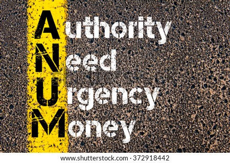 Concept image of Business Acronym ANUM Authority, Need, Urgency, and Money written over road marking yellow paint line