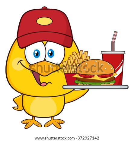 Happy Yellow Chick Cartoon Character Wearing A Baseball Cap And Holding A Fast Food Tray. Raster Illustration Isolated On White