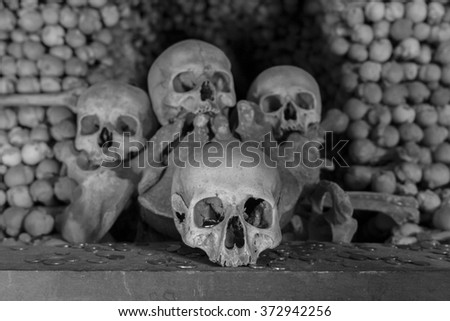 Skulls and bones formed in the artwork. Scary picture from ossuary in Sedlec, Kutna Hora, Czech Republic