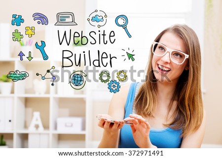 Wbsite Builder concept with young woman wearing white glasses using her smartphone in her home 