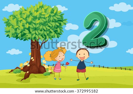 Flashcard number 2 with two children in the park illustration