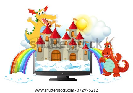 Dragons and castle on computer screen illustration
