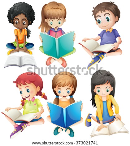 Boys and girls reading books illustration