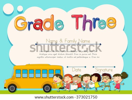 Grade four diploma with schoolbus and kids illustration