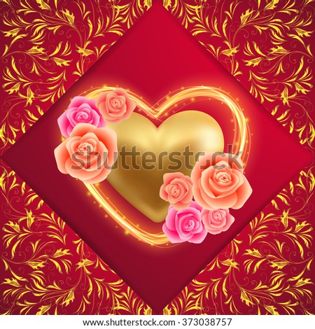Illustration of valentines day card template with gold heart, roses and floral ornamental background
