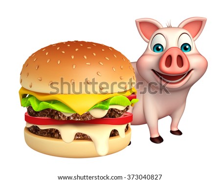 3d rendered illustration of Pig cartoon character with burger 
