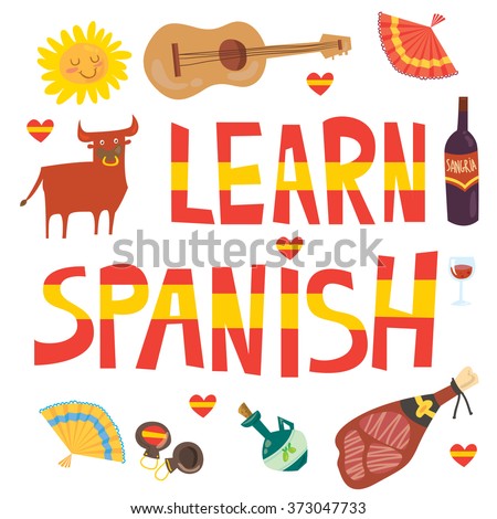 Learn Spanish banner for language school or touristic agency. Set of spanish culture symbols in cartoon style: fan, bull, wine, sangria, olive oil, jamon(spanish meat), guitar and other.