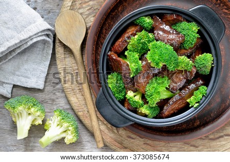 Beef and broccoli, view from above Royalty-Free Stock Photo #373085674