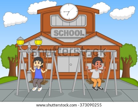 Children playing in front of their school cartoon