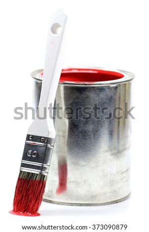 bucket with red color paint and brush isolated on white background Royalty-Free Stock Photo #373090879