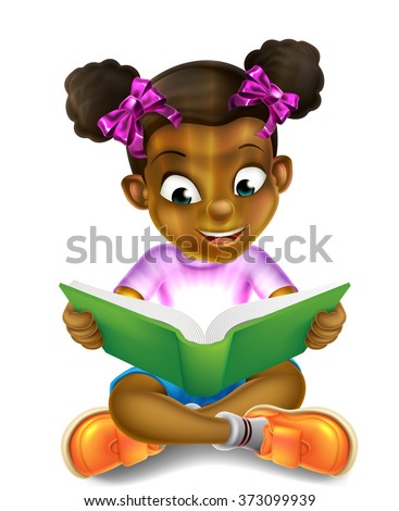 A happy cartoon little black girl enjoying reading an amazing book and using her imagination