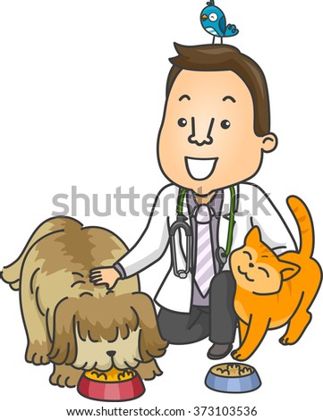 Illustration of a Male Veterinarian Petting Animals as He Feeds Them