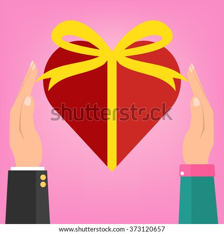 Man and woman couple holding love heart wrapped with yellow ribbon on pink background. Vector illustration conceptual of love giving in valentine day.
