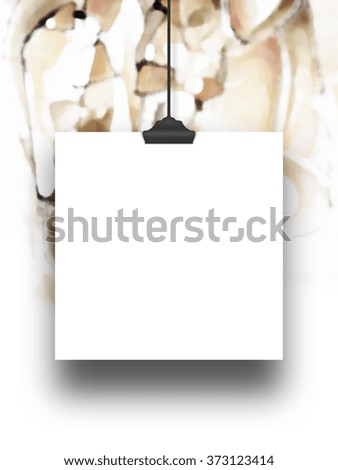 Close-up of one hanged square paper sheet with clip on brown out of focus oil painting background