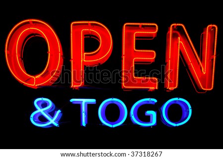 Open and To Go neon sign isolated on black background