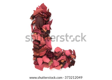 Isolated letter L - capital alphabet made from dry red flower petals