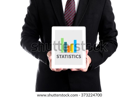 statistic - business man hold tablet with statistic on screen, isolated on white
