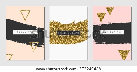 A set of three abstract brush stroke designs in black, white, pink and gold glitter texture. Invitation, greeting card, poster design templates.