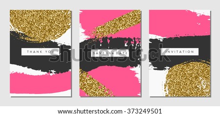 A set of three abstract brush stroke designs in black, pink and gold glitter texture. Invitation, greeting card, poster design templates.