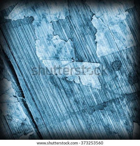 Old Blue Laminated Flooring Varnished Wood Block-board, Cracked Scratched Peeled Vignette Grunge Texture.