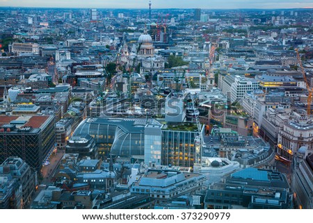 London at sunset, aerial view includes famous buildings, streets and st. Paul's cathedral