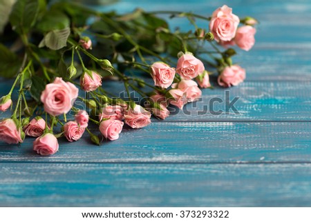 bouquet of small pink roses lying on a blue textured table 