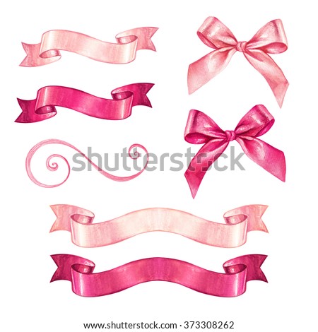 watercolor ribbon and bow illustration, valentines day design elements isolated on white background, festive clip art