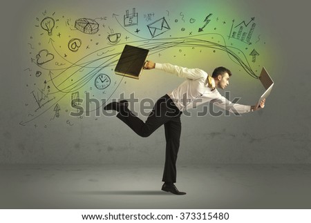 Business man in a rush with hand drawn doodle media icons and arrows concept on background